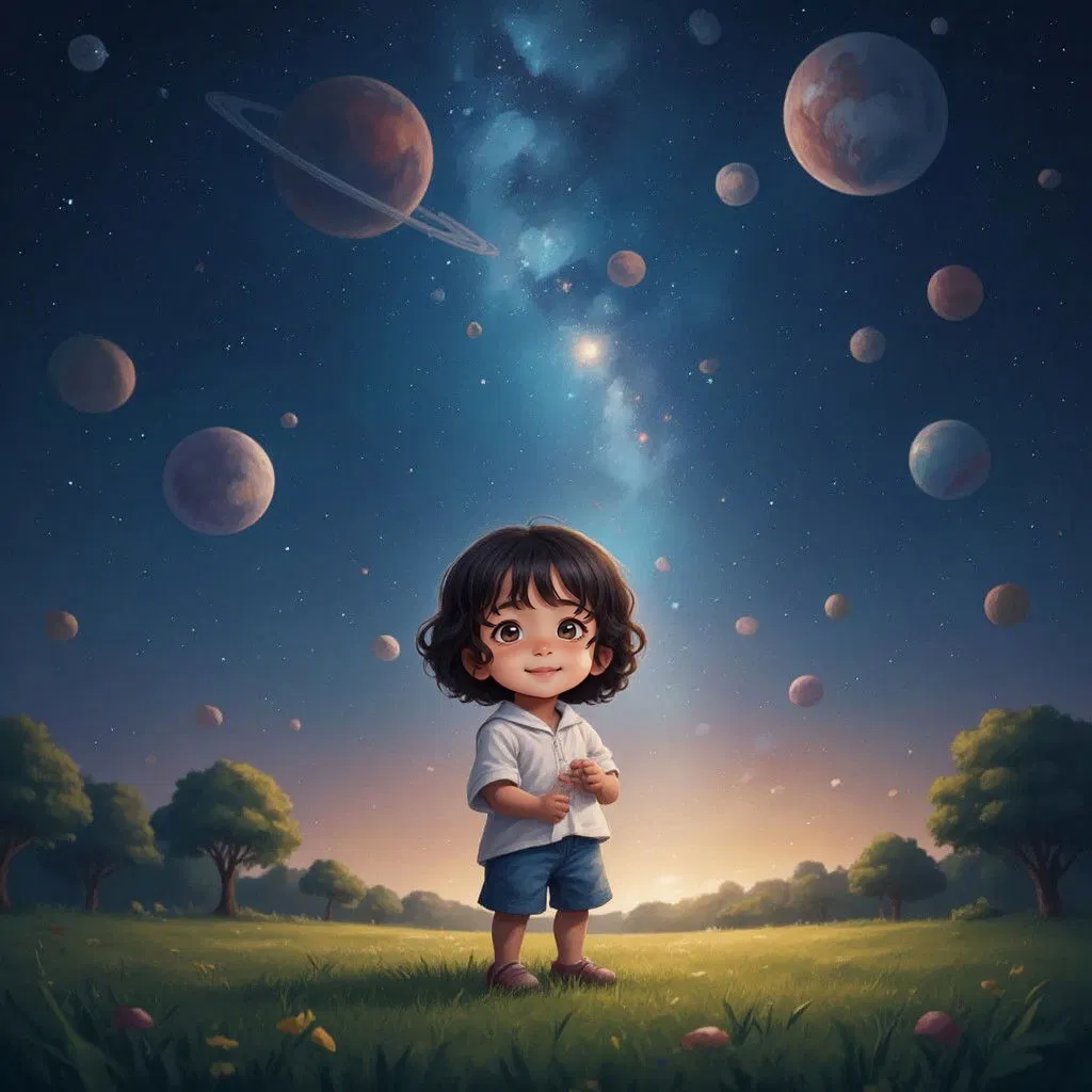 Ekaa looking up at the stars, imagining herself as an astronaut, with planets and stars in the sky