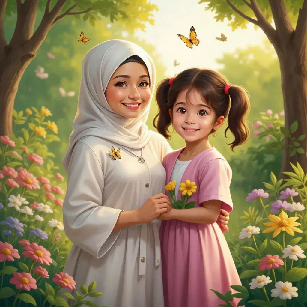 A woman in a hijab wearing white  smiling proudly at Dina in the garden, Dina looking happy