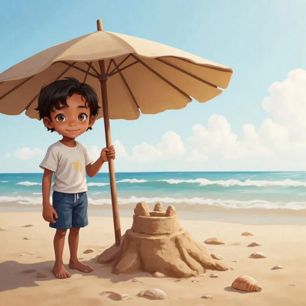 A relieved Bnbnbn standing next to a large abandoned beach umbrella casting a shadow on the sand. His sandcastle visible in the background.