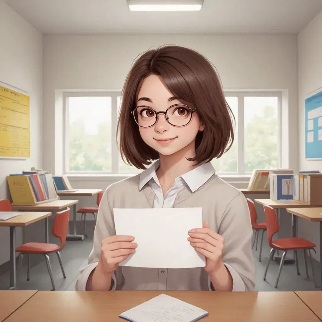 Mrs. Bright standing at her desk with a surprised smile, holding a mysterious note in her classroom with colorful posters on the walls