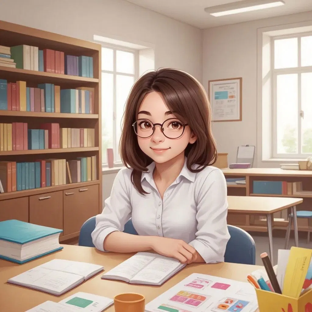 Mrs. Bright at her desk surrounded by colorful study materials, stickers, and educational games, with a warm encouraging smile