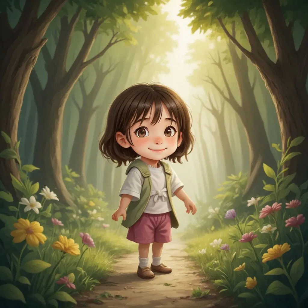 Claire walking through a mystical forest path with sunlight filtering through the trees, looking curious and adventurous