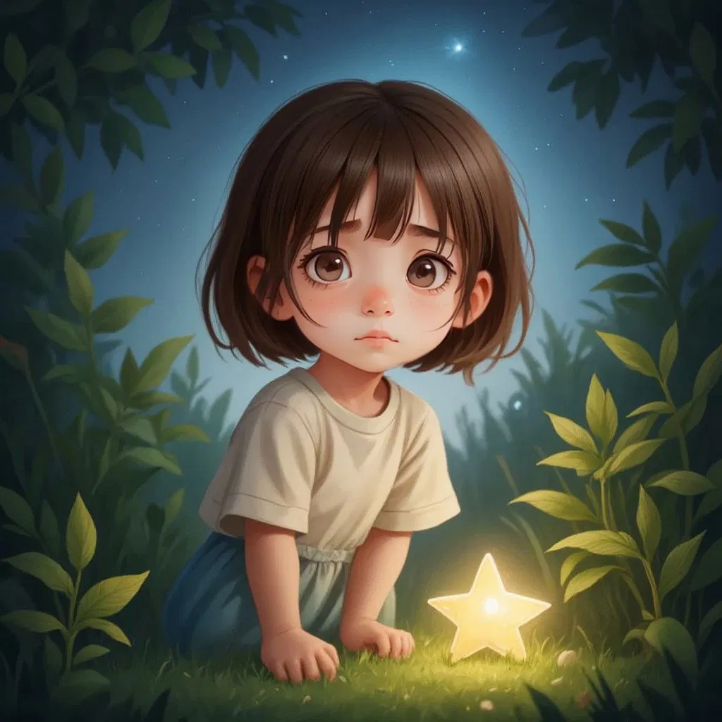 Mila standing in her garden at night, looking at a small, glowing, and sad star on the grass