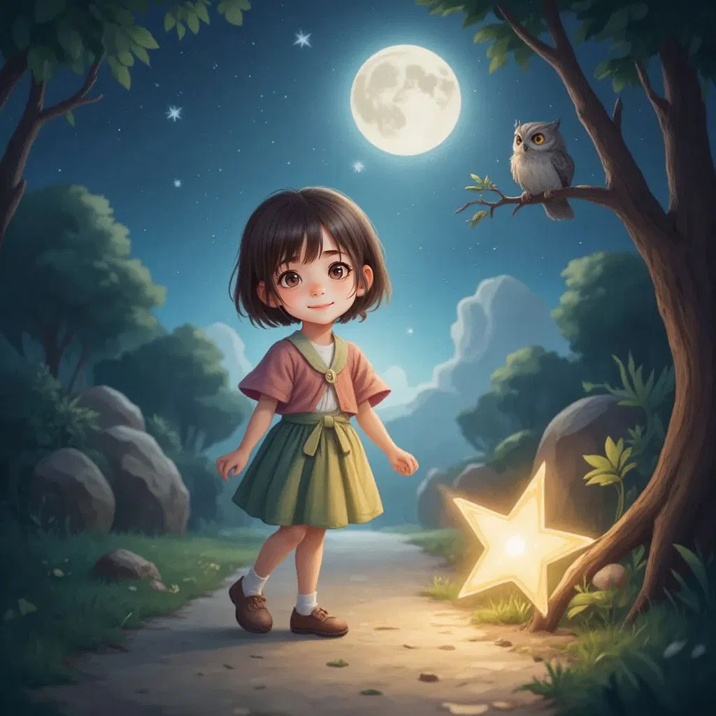 Mila and a glowing star walking under the moonlight, accompanied by a wise owl perched on a tree branch