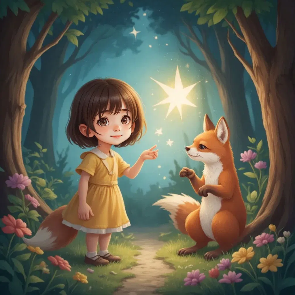 Mila and the glowing star in an enchanted forest, with a cunning fox showing them a secret path