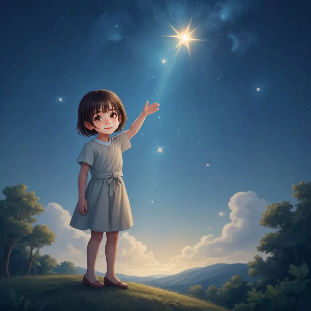 Mila on a high hill, waving goodbye as the glowing star ascends to the sky, joining the constellations