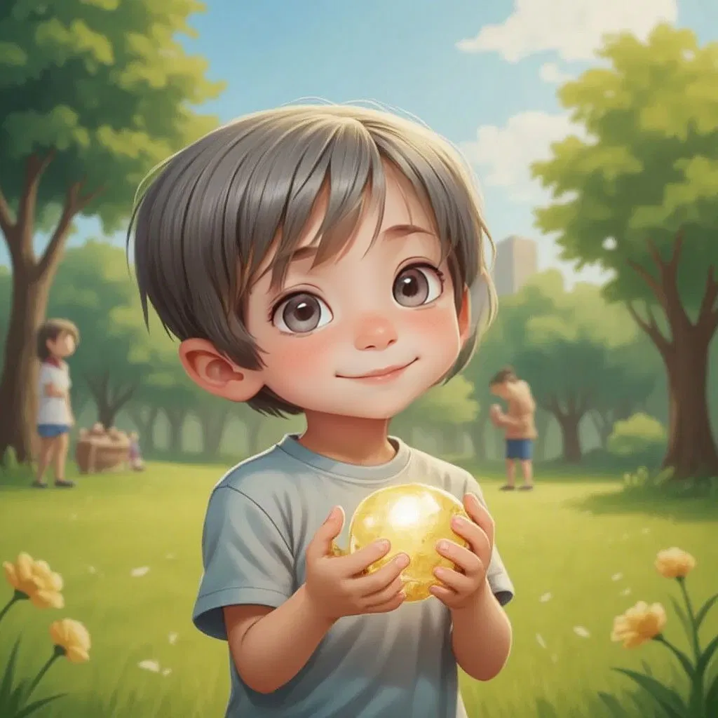 Artem holding a shiny stone with a warm glow surrounding him, standing in a sunny park