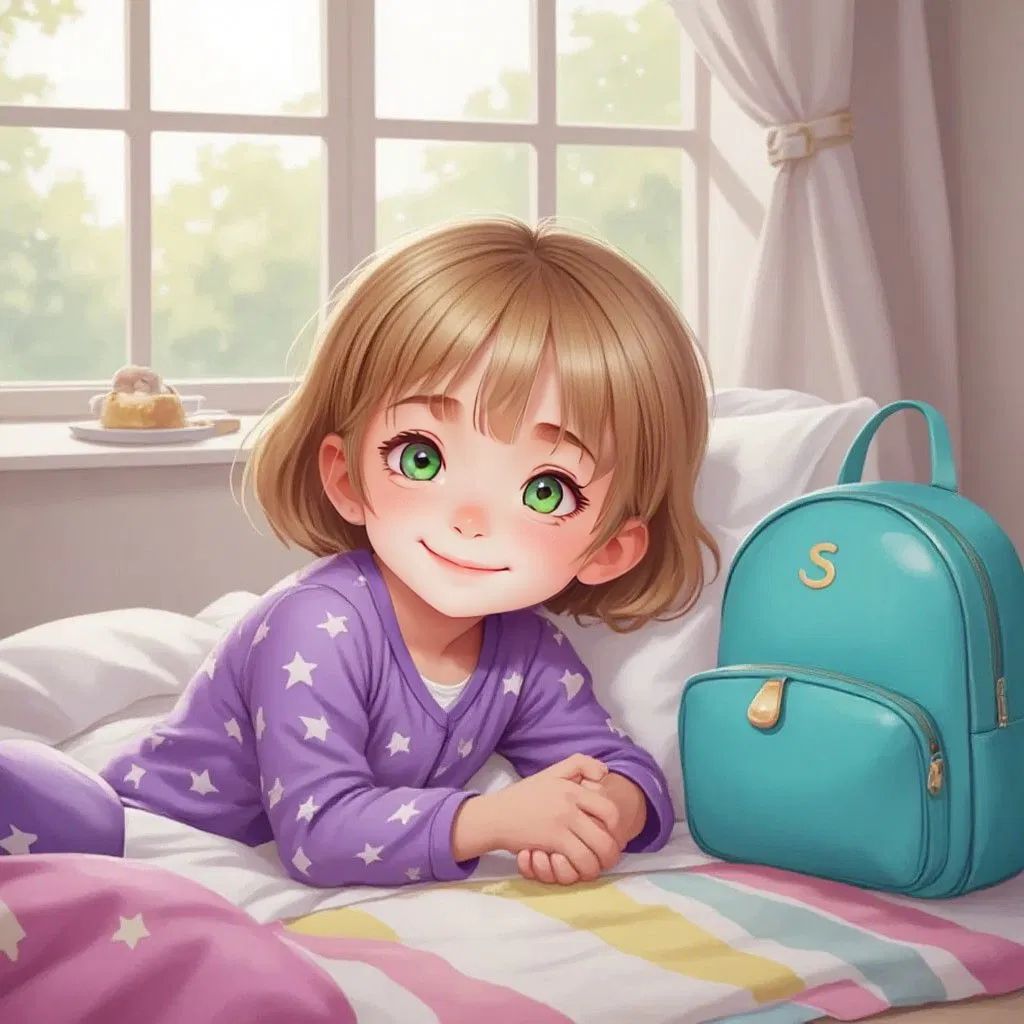 Aria snuggled in her bed at sunrise, with her turquoise backpack by her side. She smiles contentedly, dreaming of Moon School.