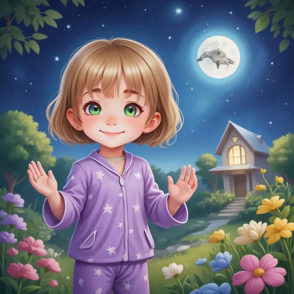 Aria waving goodbye to the Moon School, standing in her garden as the spaceship zooms back through the stars.