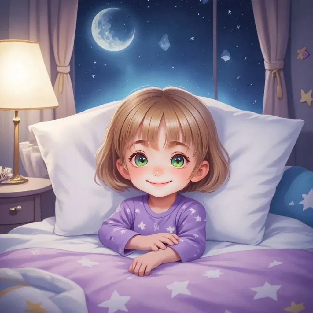 Aria smiling in her sleep in a cozy bed, dreaming of adventures with her alien friends. A moonlit night visible through the window.