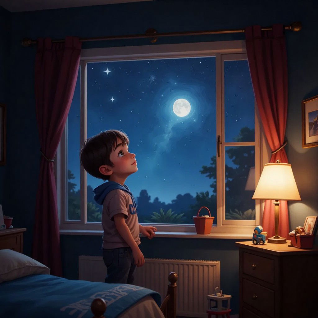 Milo, a little boy, standing by his window, looking up at the night sky with a hopeful expression.