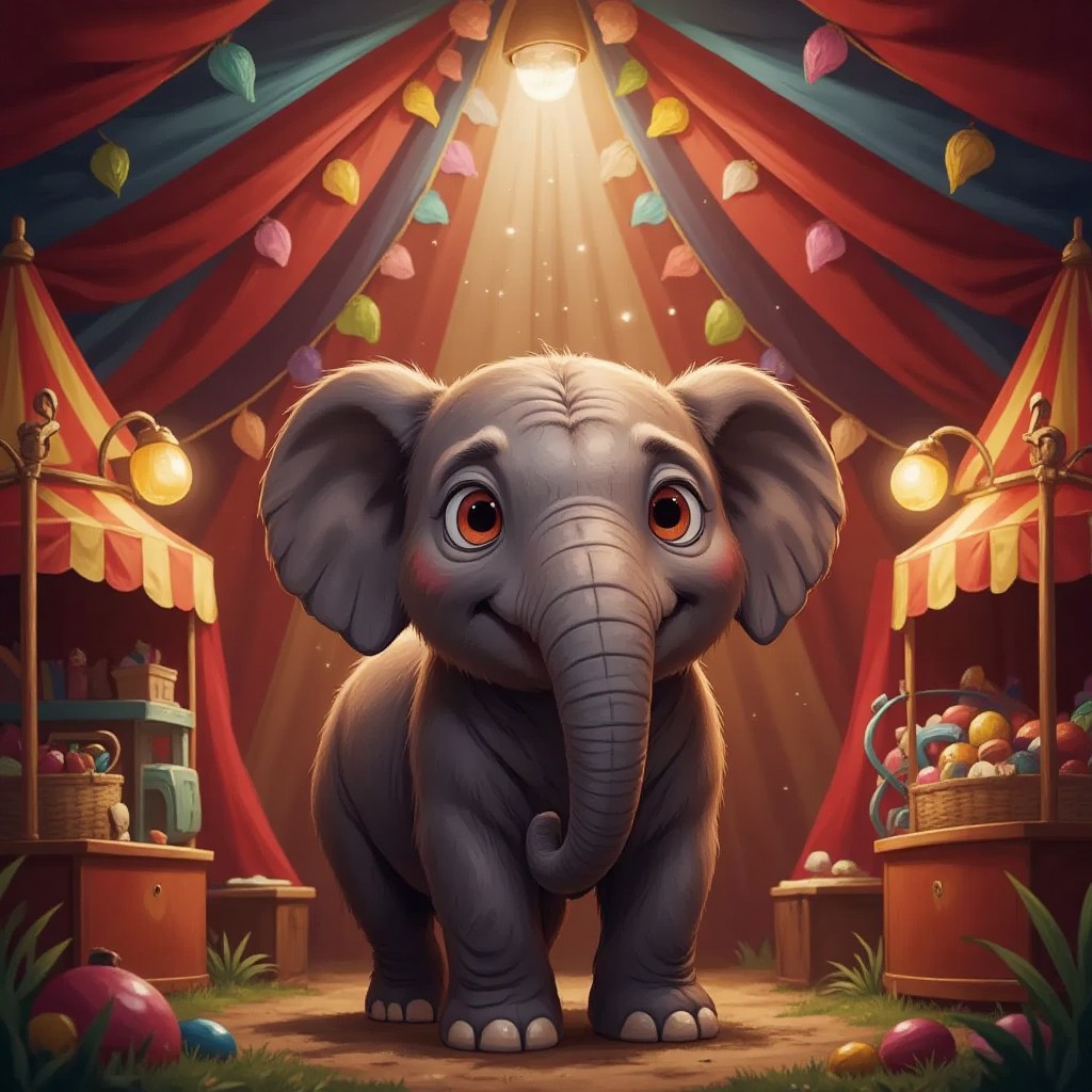 Rambo the elephant standing in a circus tent filled with colorful lights, looking worried