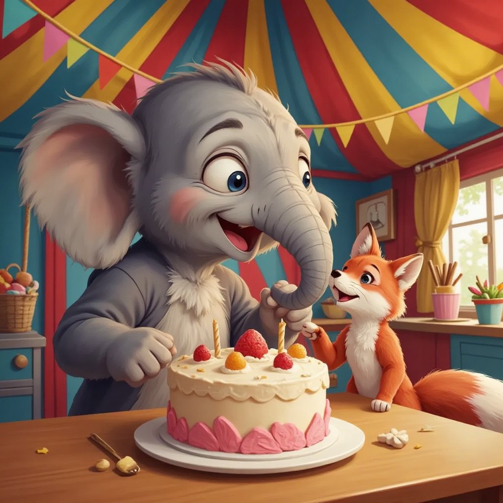 Rambo the elephant talking to Ruby the fox in a circus kitchen, a giant cake on the table