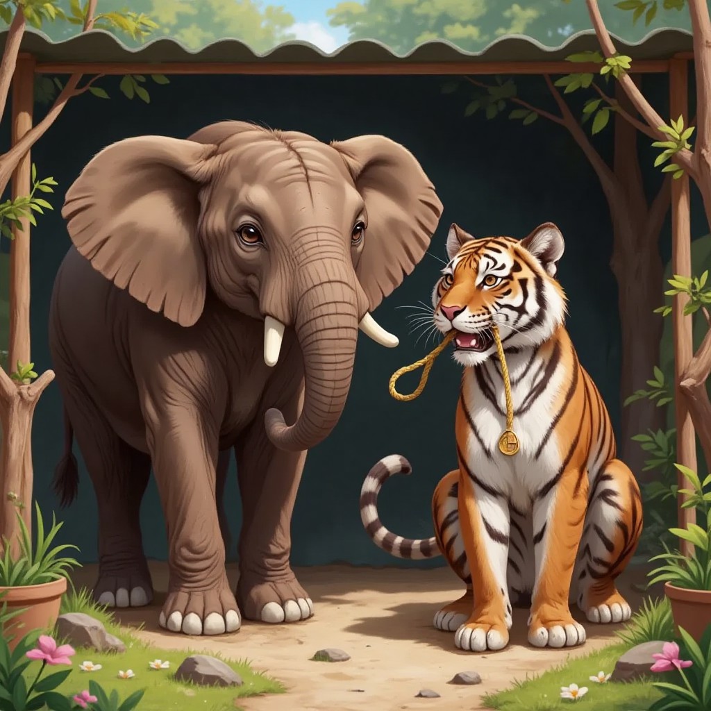 Rambo the elephant standing outside Rex the tiger's cage, Rex smiling with the golden rope in his mouth