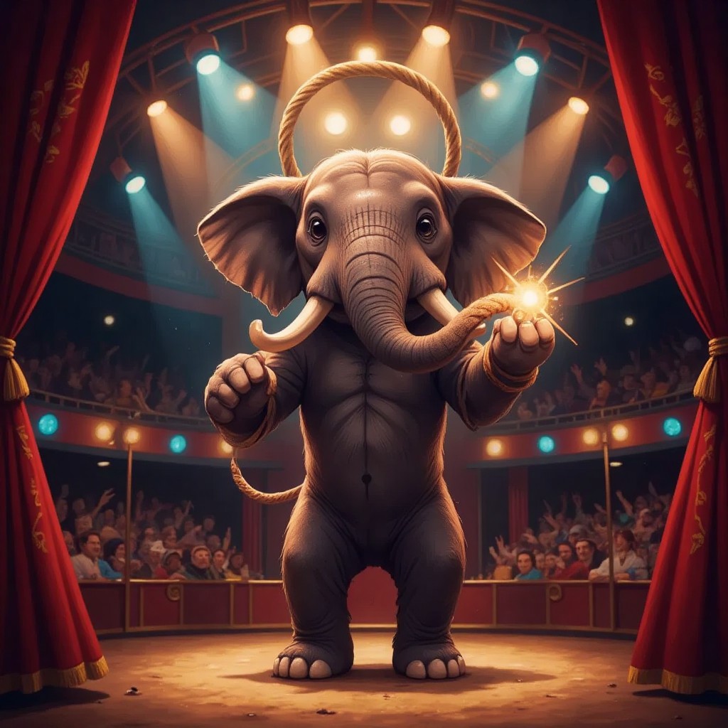 Rambo the elephant holding the golden rope, standing on a circus stage with bright lights