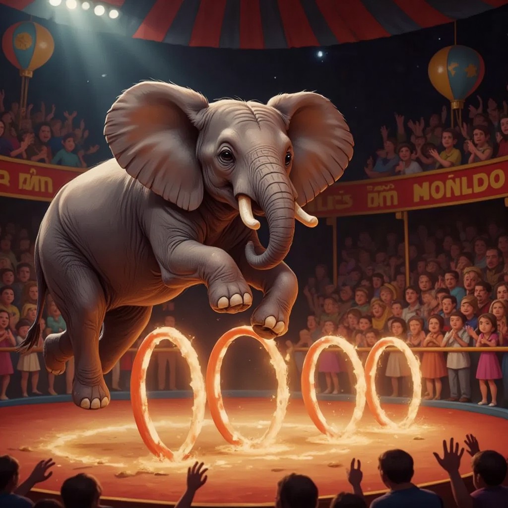 Rambo the elephant jumping gracefully through glowing hoops, audience clapping in the background