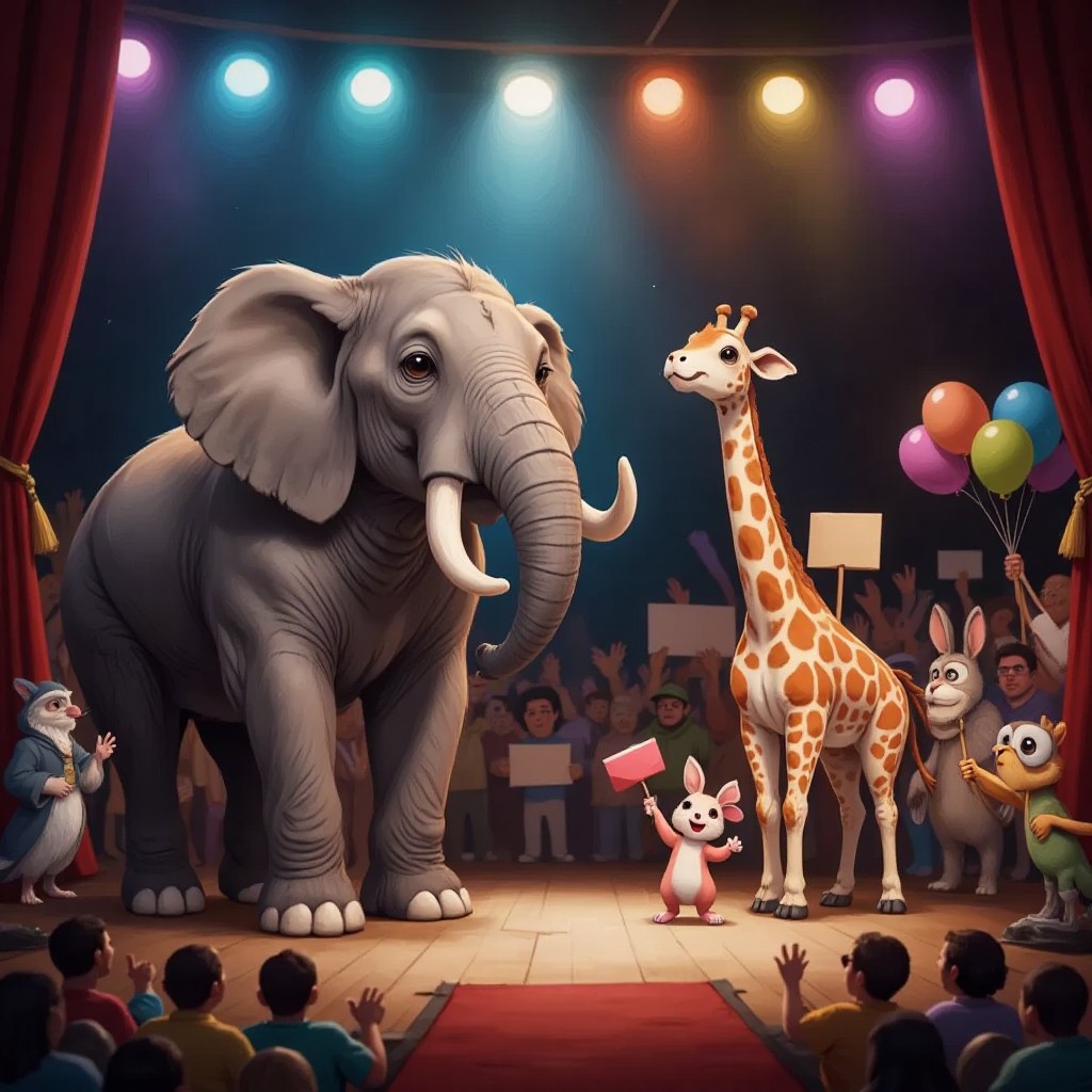 Rambo the elephant taking a bow on stage, animals backstage congratulating him