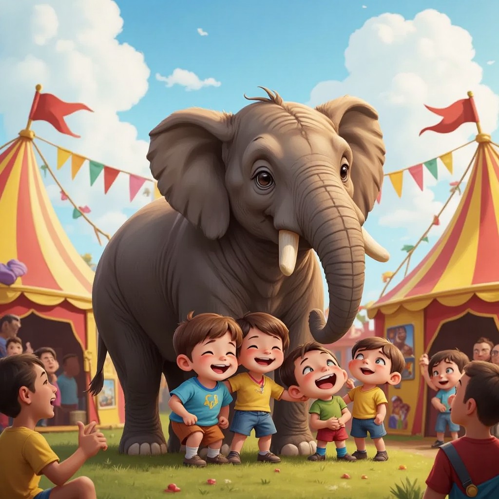 Rambo the elephant surrounded by friends, looking grateful, circus tents in the background