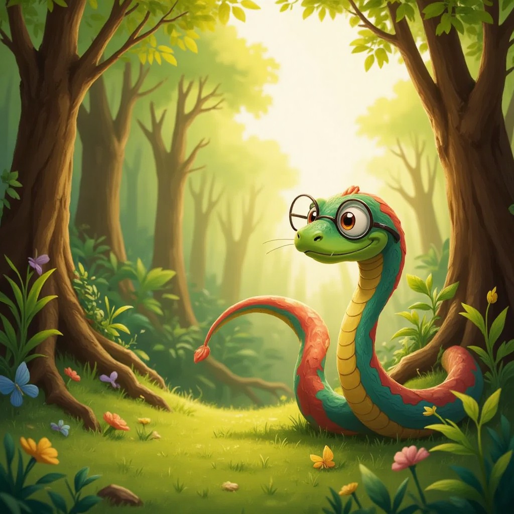 Sidney the Snake with big eyes and glasses, slithering through a sunlit forest with his long colorful tail shimmering