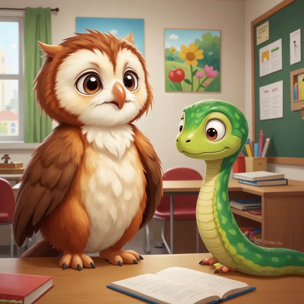 Ms. Owl with a warm smile, standing in a classroom with colorful pictures on the walls. Sidney the Snake looking happy and attentive