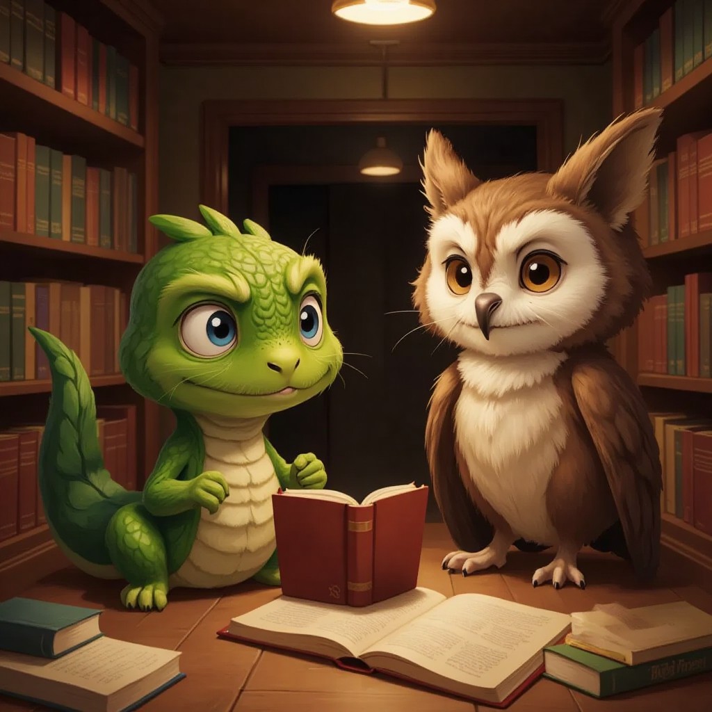 Sidney the Snake looking frustrated with a book in front of him. Ms. Owl offering help with a gentle expression