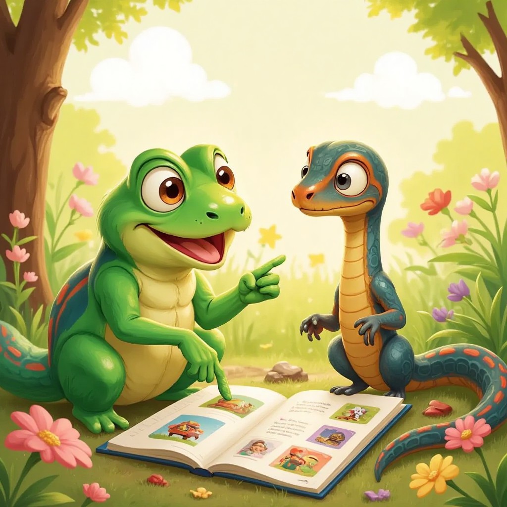 Freddy the Frog with a friendly smile, sitting next to Sidney the Snake, helping him read with pictures and sounds