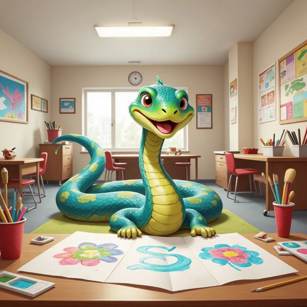 Sidney the Snake in an art class, using his colorful tail to draw beautiful pictures, looking proud and happy