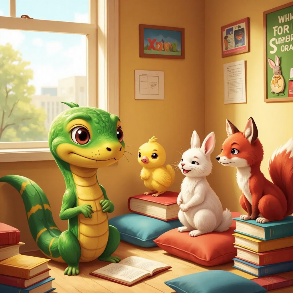 Sidney the Snake practicing reading with a patient expression, surrounded by supportive friends