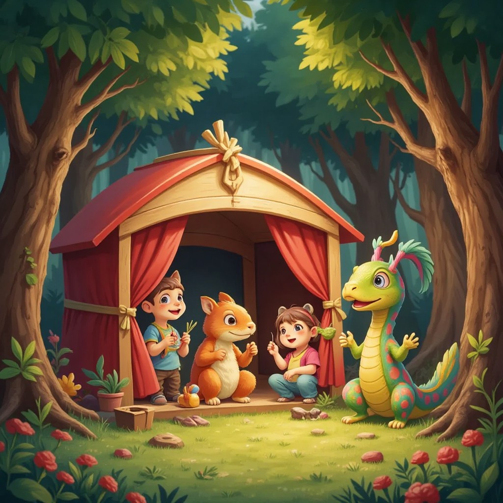 Sidney the Snake decorating a stage with his colorful tail, feeling proud among friends. A forest-themed play scene in the background