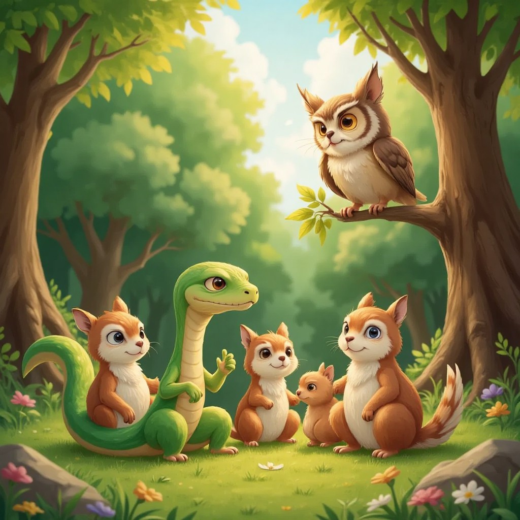 Sidney the Snake with a thoughtful expression, surrounded by friends and Ms. Owl, feeling inspired and supported