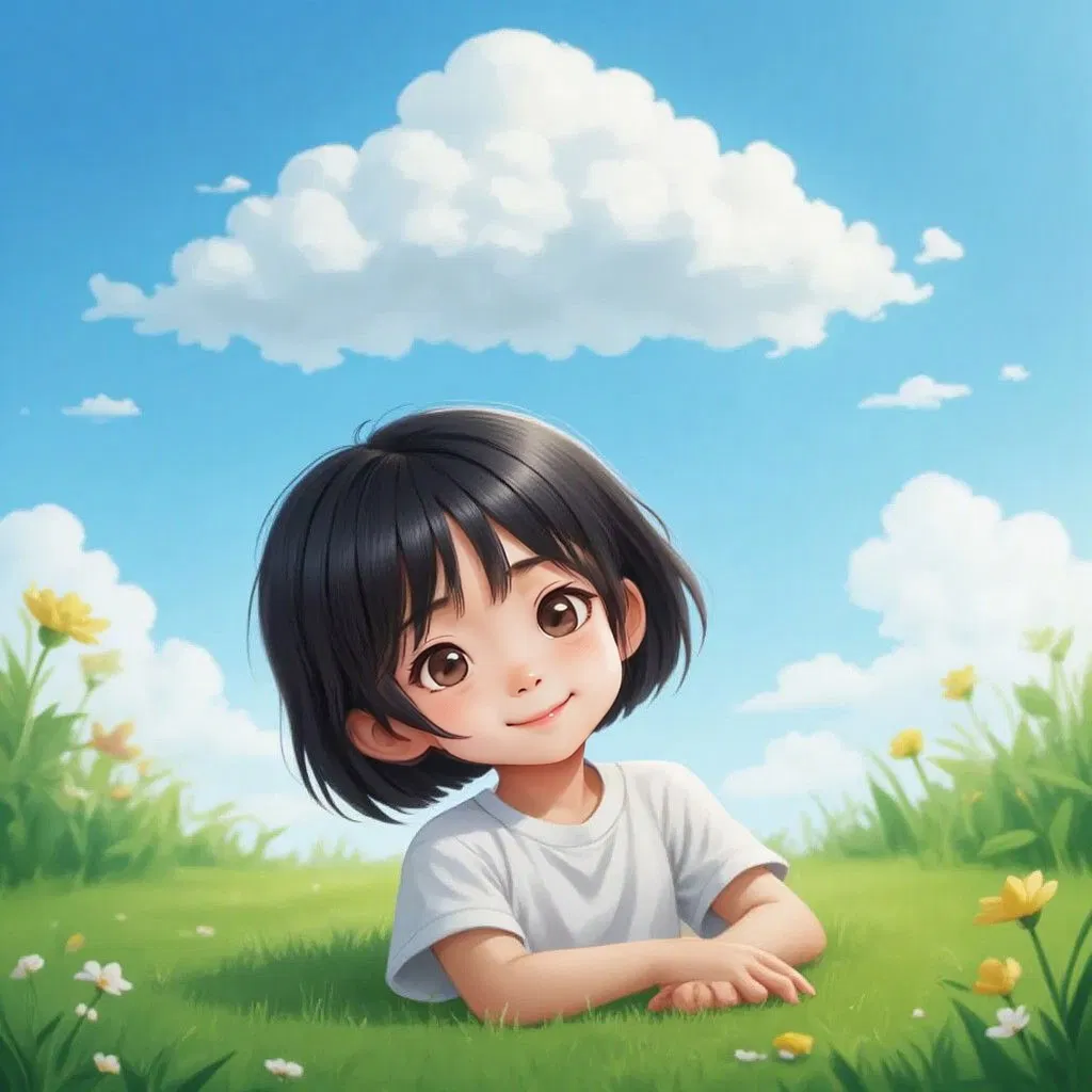 Jillienne lying on the grass, looking up at the sky with a dreamy expression, clouds forming a castle shape above her.