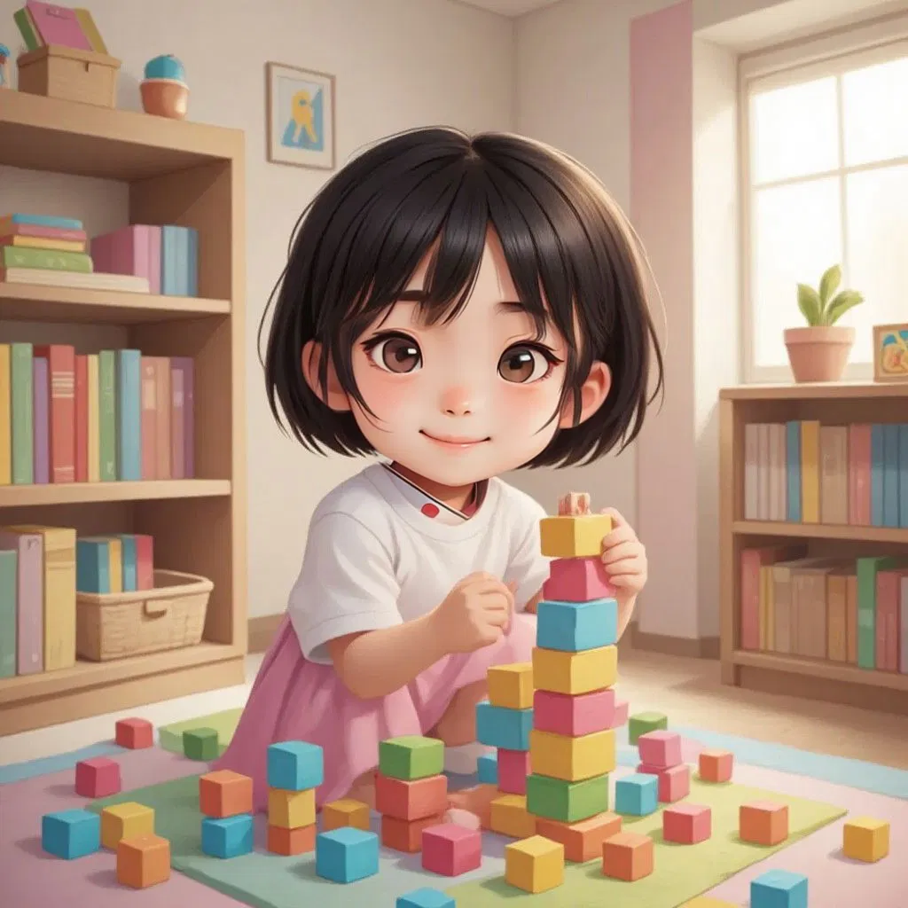 Jillienne in her room, surrounded by colorful blocks, building a tall tower with a proud smile.