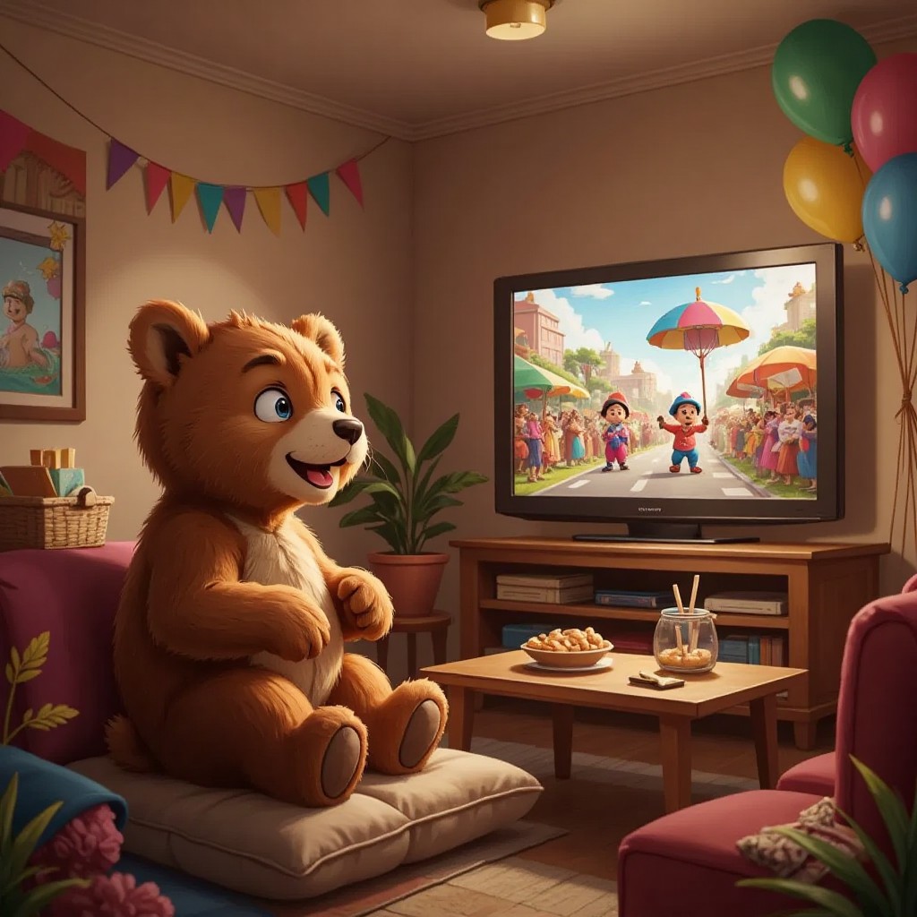 Duda the bear with big eyes watching a colorful Carnival parade on TV, eyes sparkling with excitement