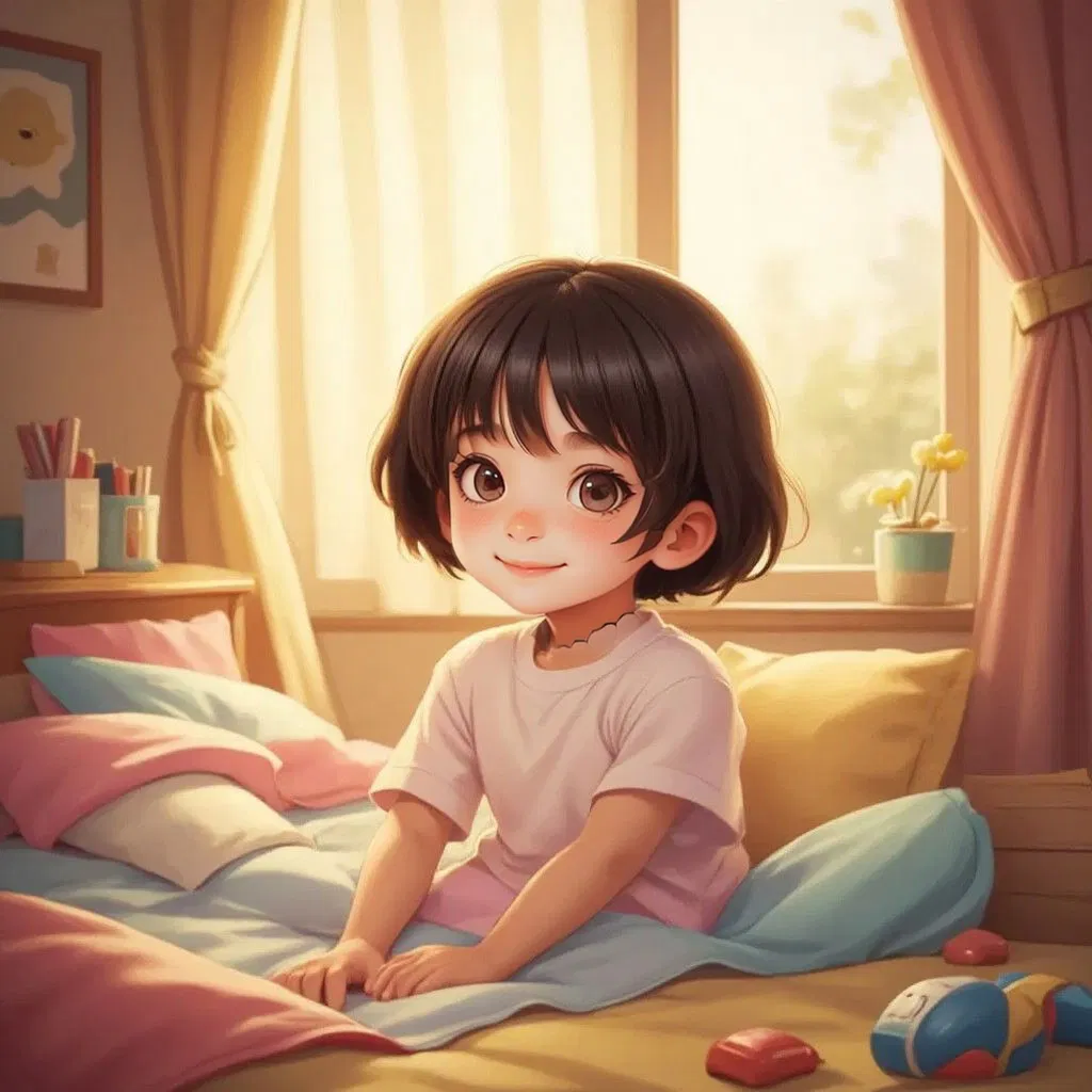 Illustration of Lila in her sunlit bedroom with rays shining through the curtains, waking up with excitement.