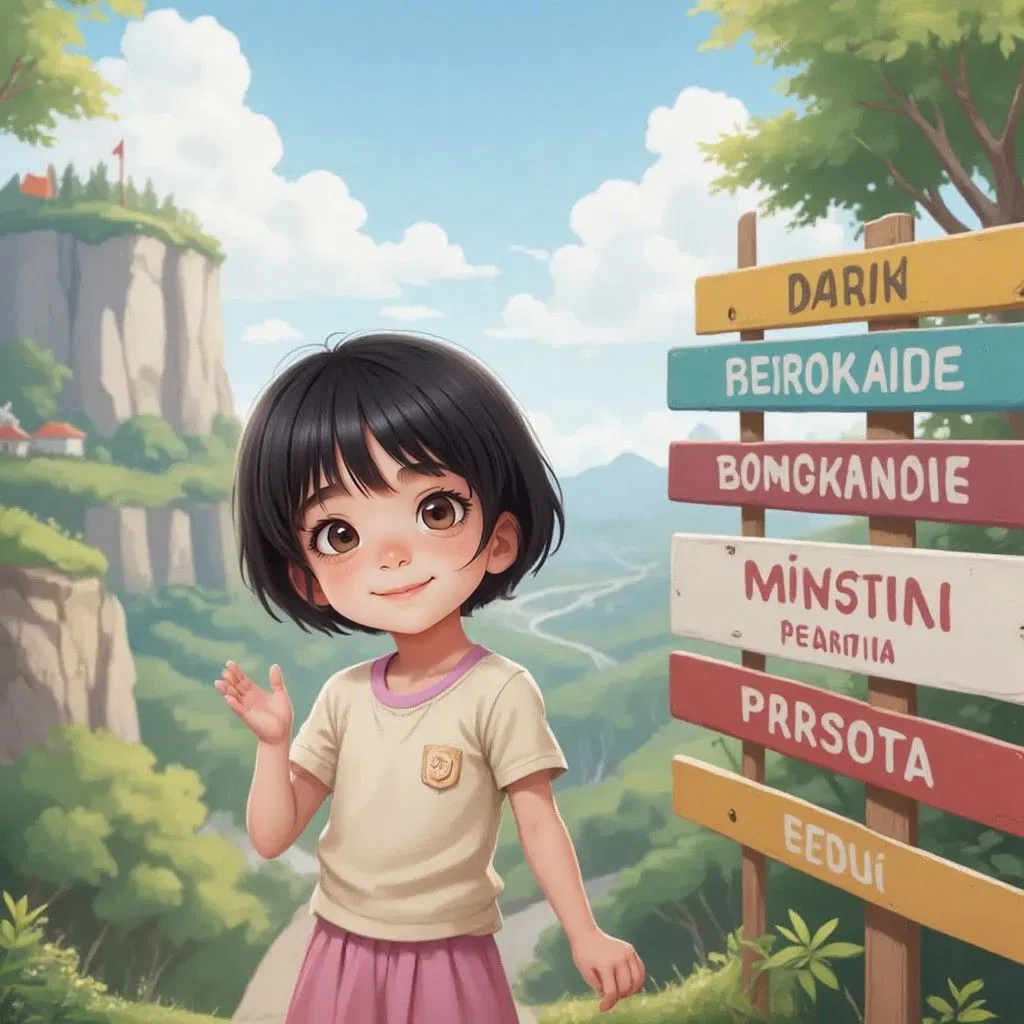 Lila, excited, standing at the border of a neighboring country, looking at signs in a different language