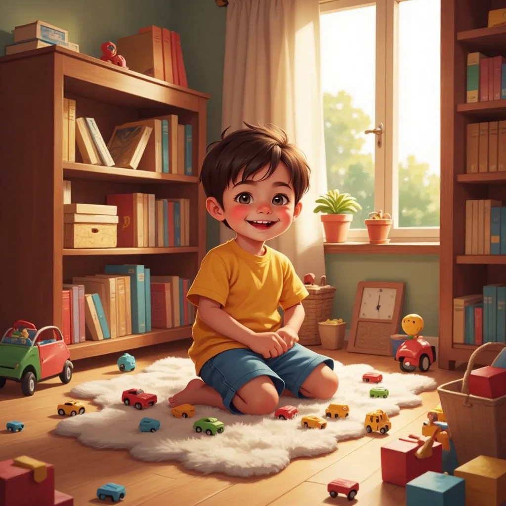 Joshua, a 5-year-old boy with a kind smile, surrounded by toys in a cozy room, sunlight streaming through the window.
