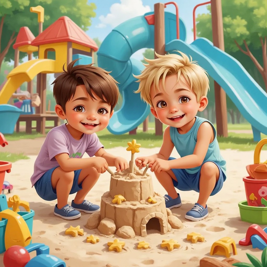 Joshua and Max building sandcastles at the playground, both smiling and focused, with slides in the background.