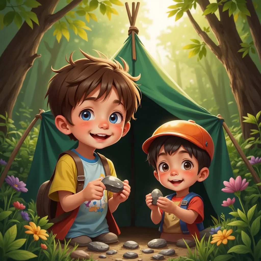 Joshua and Max pretending to explore a jungle, standing in front of a small tent, with shiny stones in their hands.