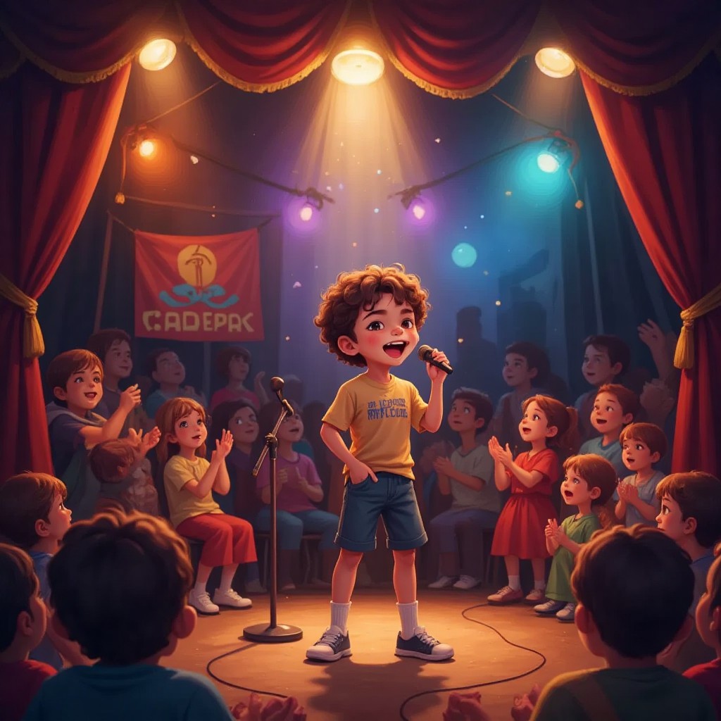 Joshua on stage at a school talent show, singing with a big smile, audience clapping and cheering.