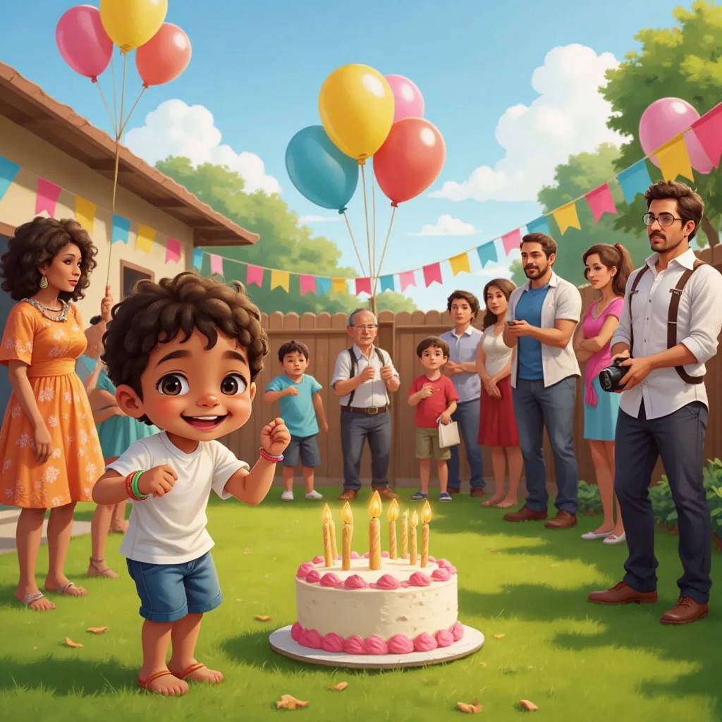 Joshua in a backyard celebration, surrounded by balloons and a big cake, wearing a friendship bracelet, smiling with his family and friends.