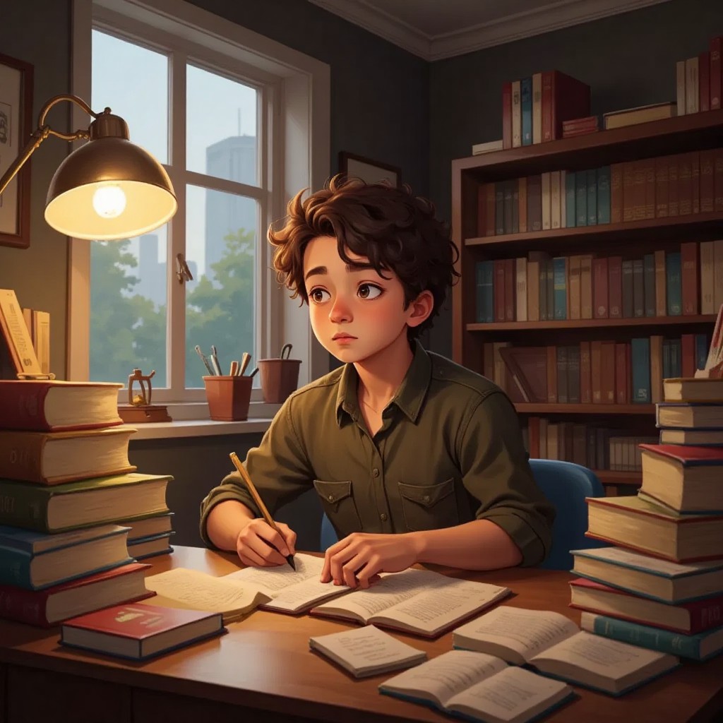 Joshua sitting at a desk, writing stories with a focused expression, surrounded by books and papers.