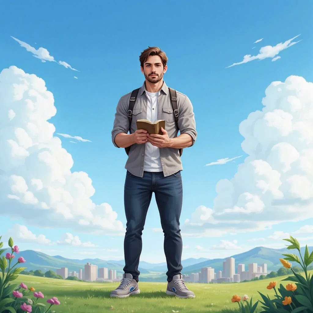 Joshua as a young adult, standing confidently with a notebook in hand, looking towards a horizon filled with possibilities.
