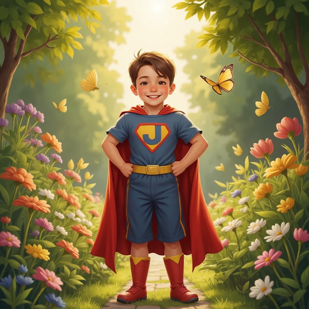 Joshua wearing a homemade superhero costume with a cape and a big letter 'J' on his chest, standing proudly in a garden.