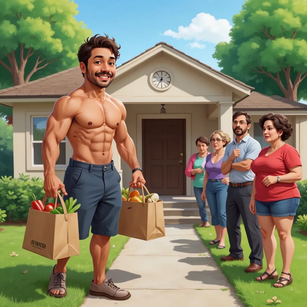 Joshua lifting grocery bags with ease, smiling neighbors watching in amazement.