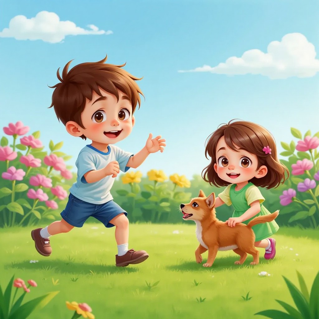 Joshua and Lily, a shy girl with a curious expression, playing together in a park.