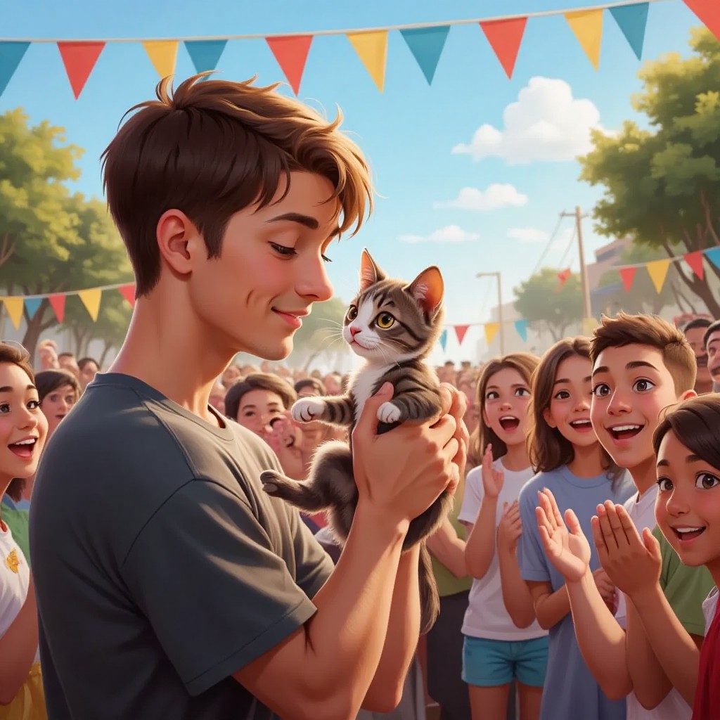 Joshua gently holding a rescued kitten in his arms, a crowd cheering in the background.