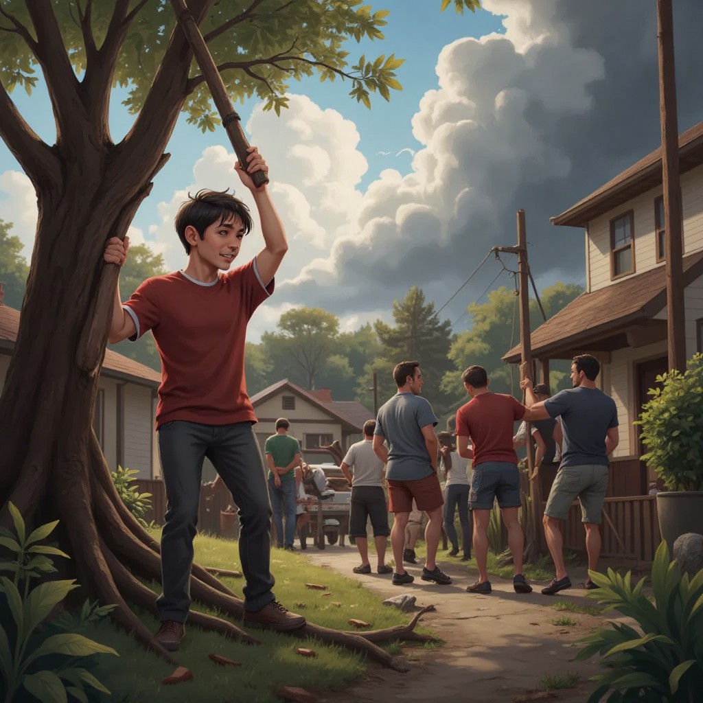 Joshua lifting a fallen tree branch during a storm, townspeople working together in the background.