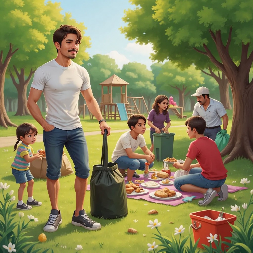 Joshua and his friends working as a team to clean up a park, a picnic setup nearby.