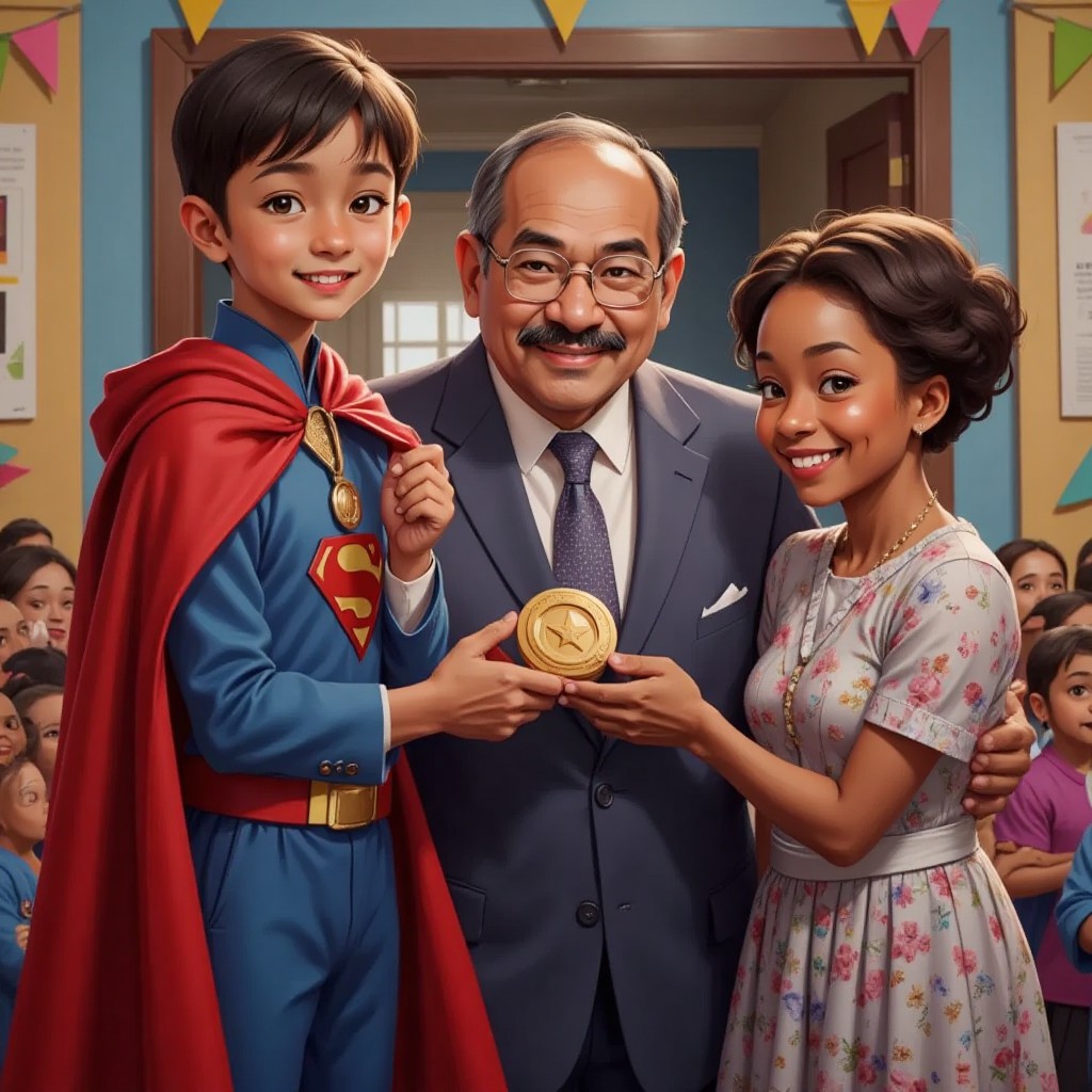 Joshua in his superhero costume receiving a medal from the mayor at a ceremony, his family standing proudly beside him.