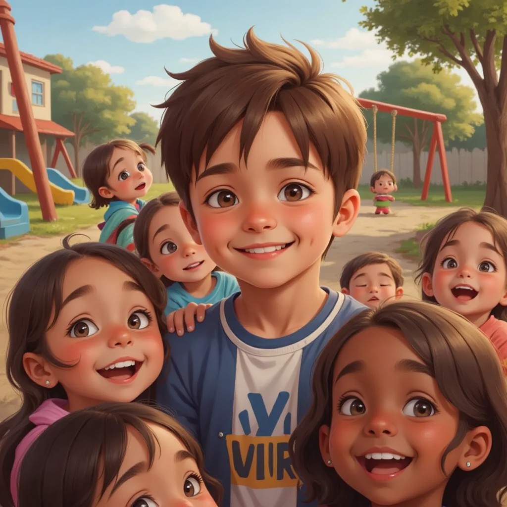 Joshua surrounded by children looking up to him in admiration, a hopeful expression on his face.